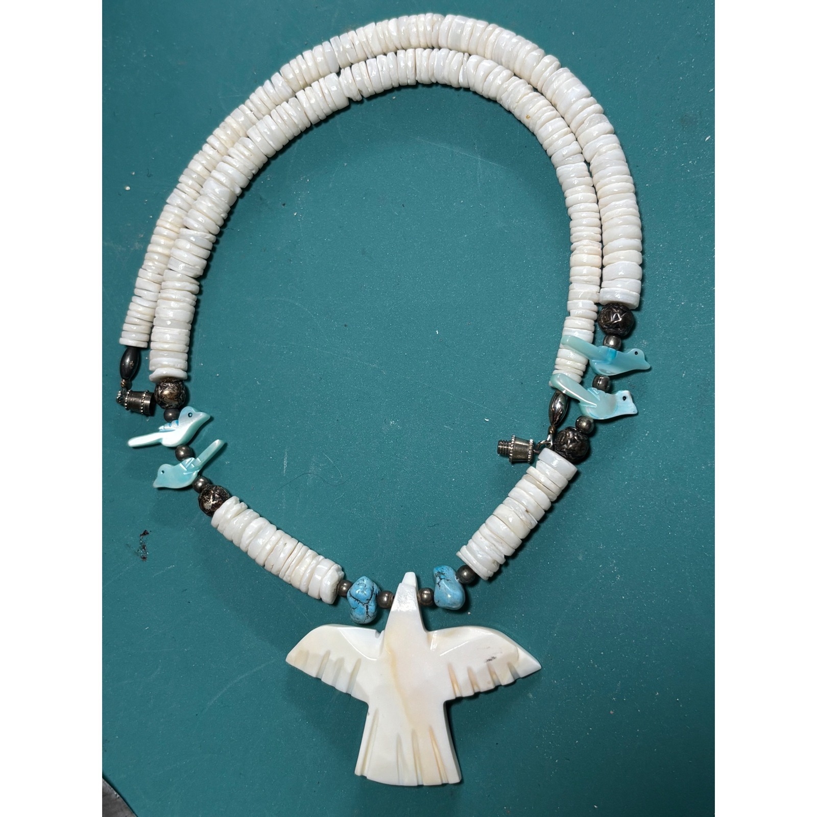 Southwest Mop Bird Pendant Heishi Puka Shell Turquoise Necklace White Sterling